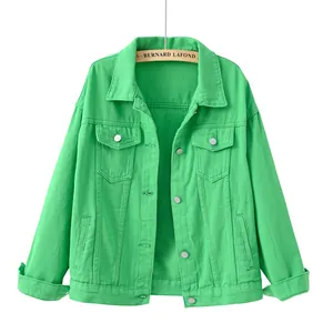 Chaqueta vaquera verde brillante estilo BF holgada para mujer, prenda de abrigo corta casual