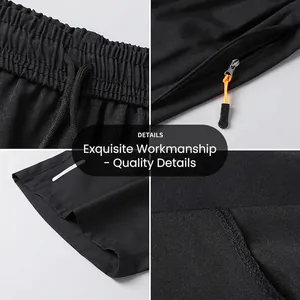 Dettagli dei pantaloncini sportivi neri ad asciugatura rapida con vita e tasca a zip
