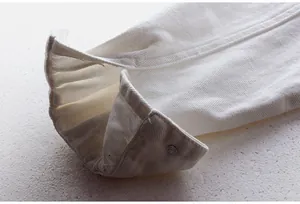 Primer plano del puño de una chaqueta vaquera blanca que muestra tejido y costuras