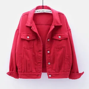 Chaqueta vaquera corta roja para mujer, estilo informal holgado para primavera otoño