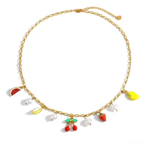 Detailed view of 18K gold plated stainless steel necklace with colorful fruit charms and pearls