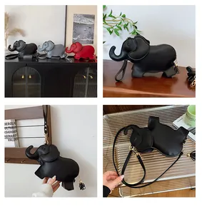 Cute elephant-shaped PU leather crossbody bag available in black, grey, and red colors.