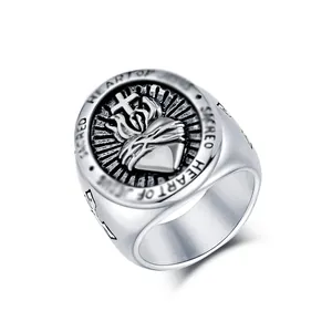 Vintage stainless steel Sacred Heart of Jesus cross ring for men with retro engraving