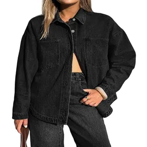 Giacca Camicia in Jeans Lavato da Donna Oversize Urban Casual Francese Top a Maniche Lunghe Con Tasche Revers Soprabito