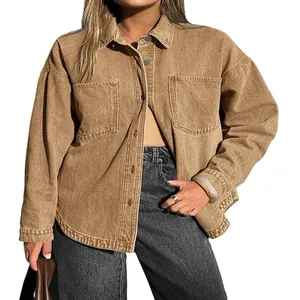 Giacca camicia in denim lavato oversize marrone kaki da donna, stile casual