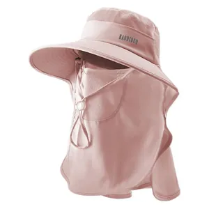 Women's pink full-face sun hat with integrated mask and neck flap for beach use.
