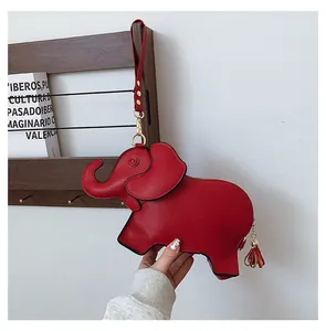 Red elephant-shaped PU leather wristlet purse with a cute tassel and functional zipper detail.