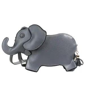 Detailed side view of grey elephant-shaped crossbody bag with pebbled leather texture