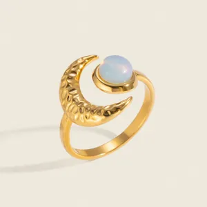18K Gold Plated Stainless Steel Hammered Moon Ring With Artificial Pearl Inlaid For Women Sweet Adjustable Open Finger Ring Jewelry