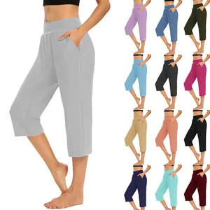 Variety of colors for women's loose elastic waist cropped pants with side pockets.