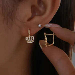 Elegant gold crown hoop earrings with sparkling cubic zirconia stones for women