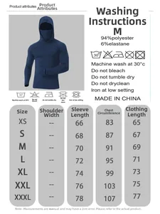 Size chart for men's hooded sun protection shirt with care instructions