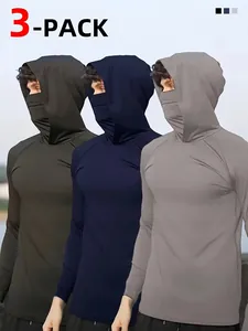 Men's breathable quick-dry sun protection hoodie with integrated face mask, 3-pack set