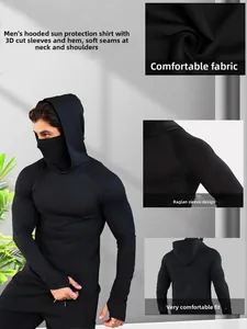 Detailed view of quick-dry men's hooded sun protection top featuring integrated face mask
