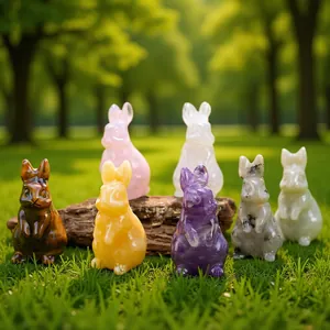 Natural Crystal Carved Rabbit Gemstone Figurine Healing Stone Bunny Ornament For Easter Home Decor Zodiac Sign Gift