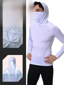 Detailed features of white men's hooded sun protection shirt with integrated mask