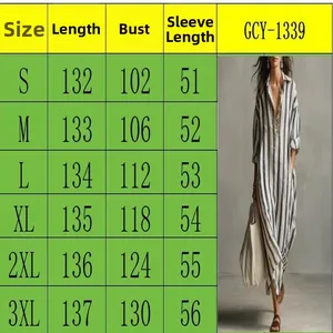 Detaillierte Größentabelle für ein lockeres gestreiftes Maxi-Hemdkleid mit V-Ausschnitt.