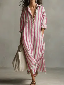 Böhmisches lockeres gestreiftes langes Hemdkleid für Damen mit V-Ausschnitt in Pink