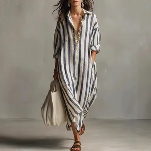 Damen Vertikale Streifen Maxi Hemdkleid Polyester Locker Lässig V-Ausschnitt Dreiviertelarm Lange Kleider Mit Taschen