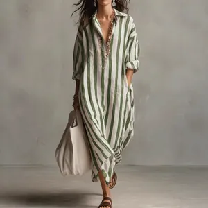Lockeres grün gestreiftes langes Hemdkleid mit V-Ausschnitt für Damen, Sommerstil