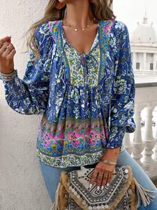 Blouse bohème à fleurs col en V avec détails noués et poignets élastiqués élégants