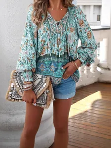 Blouse en Viscose Imprimée Bohème pour Femme Col en V avec Lacet Manches Longues Haut Décontracté de Vacances Printemps Été