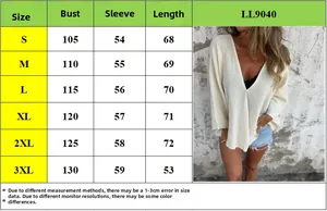 Tableau des tailles détaillé pour cardigan ample à col en V avec notes de mesure