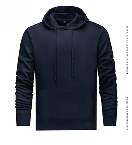 Macro detail of men's navy blue solid color pullover hooded sweatshirt with drawstring