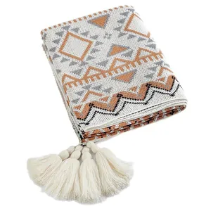 Πλεκτή κουβέρτα Navajo boho με γεωμετρικά σχέδια ήλιου και διακοσμητικά φούντες