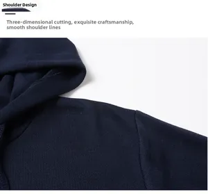 Close-up showing the durable shoulder seam design on a navy blue men's pullover hoodie