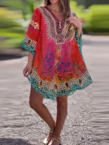 Women's Ethnic Print V-Neck Loose Blouse Top Boho Floral Leopard Pattern 3/4 Sleeve Polyester Casual Fashion Shirt