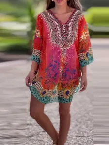Vibrant women's V-neck ethnic print loose tunic top with colorful bohemian patterns