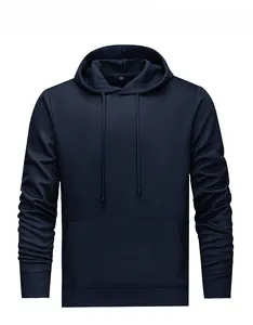 Classic navy blue men's hooded sweatshirt with front pocket and adjustable drawstrings