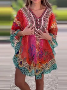 Bohemian ethnic print V-neck loose cover-up tunic for women featuring colorful patterns