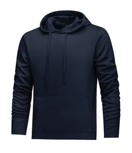 Full view detail of a classic men's navy blue solid color pullover hoodie with drawstring