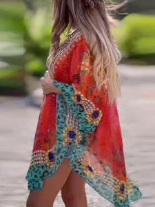 Vibrant V-neck ethnic print loose cover-up tunic for women outdoors