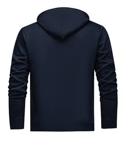 Detailed back view of a minimalist navy blue men's long sleeve hooded sweatshirt