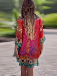 Women's ethnic style loose red printed cover-up tunic top with vibrant bohemian patterns