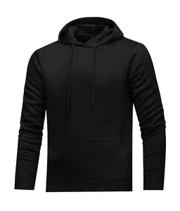 Detailed front view of a minimalist black solid color men's pullover hoodie.