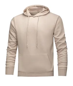 Detailed view of a minimalist beige men's knitted hoodie with a front kangaroo pocket.