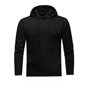 Casual black men's solid color hooded sweatshirt pullover with drawstring kangaroo pocket