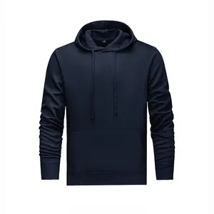 Classic navy blue men's solid color hoodie with front kangaroo pocket and drawstring