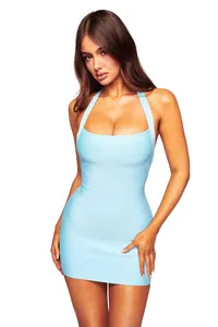 Mini abito a fascia azzurro aderente caratterizzato da un elegante scollo all'americana