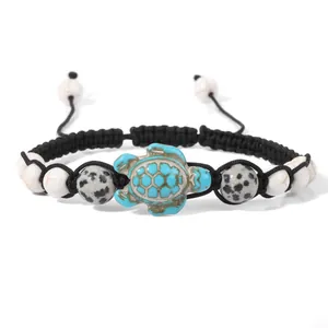 Natural Stone Turquoise Sea Turtle Bracelet Woven Bohemian Ethnic Adjustable Rope Wrap Bangle Women Men Jewelry Gift