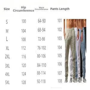 Detailed size chart for men's summer cotton linen loose casual pants, ranging from S to 5XL.