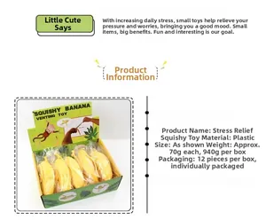 Close-up detail of the squishy banana venting toy display box with individual packaging