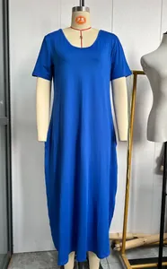 Detail view of royal blue plus size maxi dress with functional side pockets