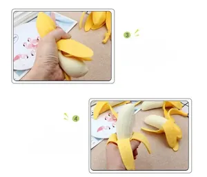 Macro detail of a realistic peeled banana squeeze toy used for stress relief and fun