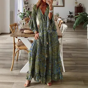 Robe longue bohème à imprimé cachemire avec col en V, manches cloche et taille haute