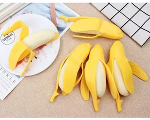 Close-up of several realistic peeled banana squishy toys for ultimate stress relief